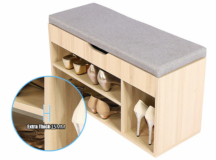 Wooden Cushioned Storage Ottoman & Shoe Cabinet (White Oak & Light Grey Cover) - Image 9