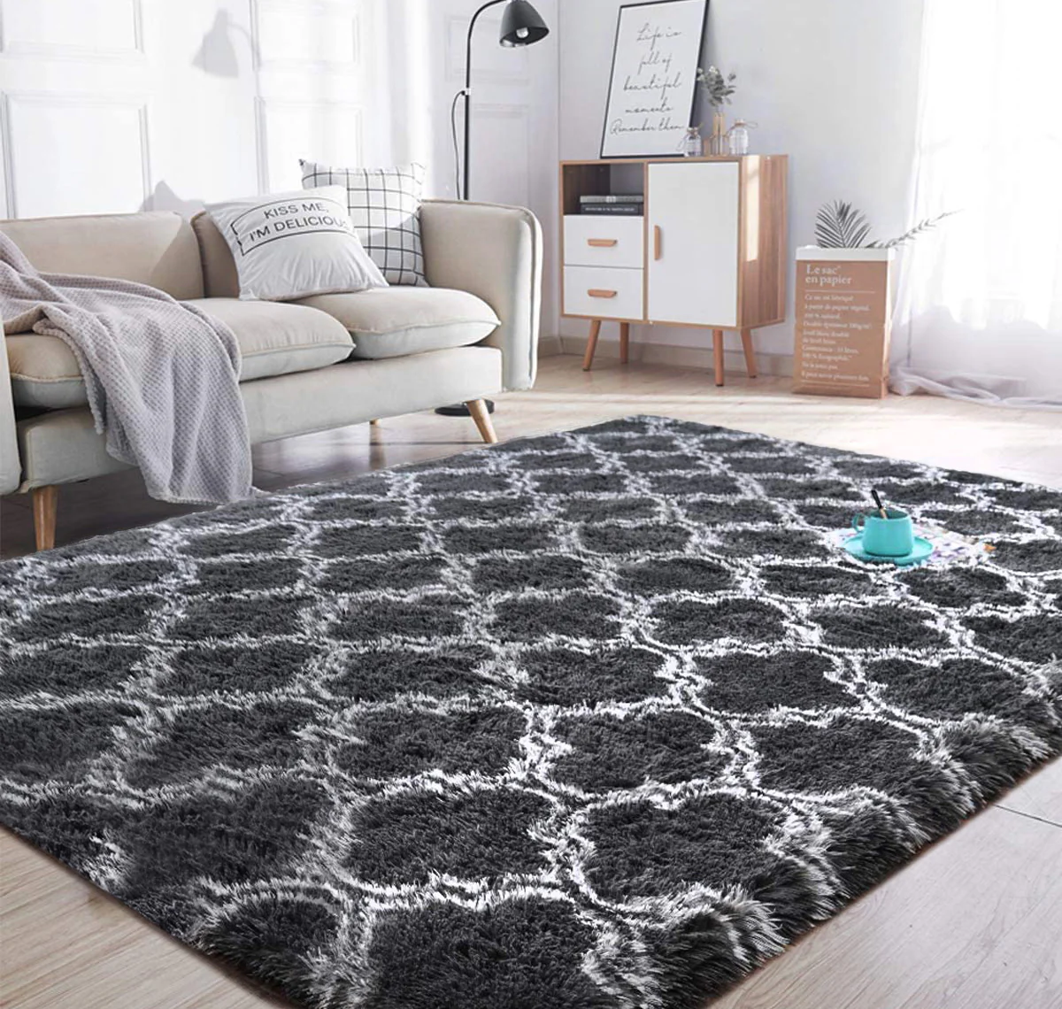 XL Comfortable Shag Rug (300 x 200, Black Lattice) - Image 10
