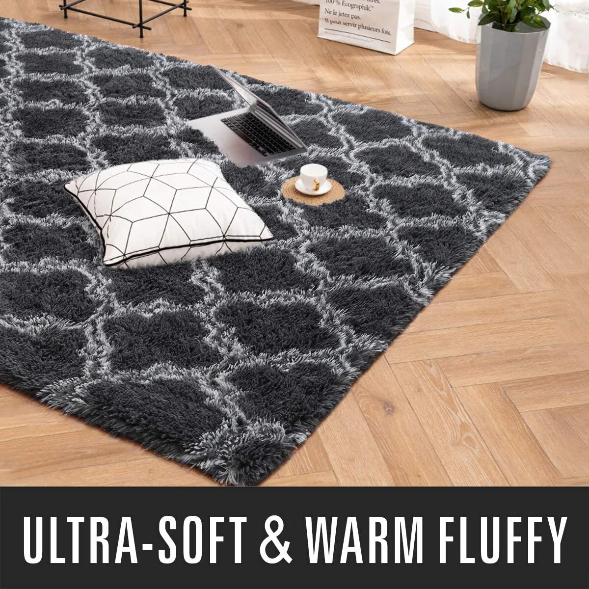 XL Comfortable Shag Rug (300 x 200, Black Lattice) - Image 11