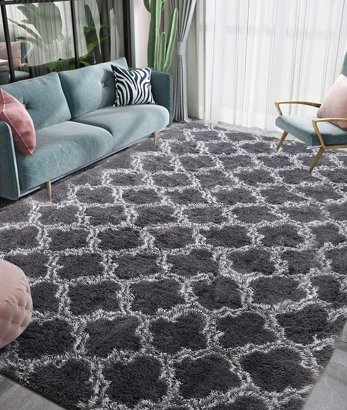 XL Comfortable Shag Rug (300 x 200, Black Lattice) - Image 5