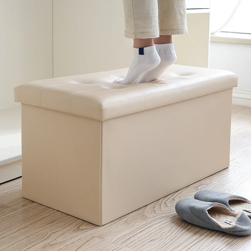 XL Rectangle PU Leather Ottoman Foldable Storage Stool (Beige) - Image 2