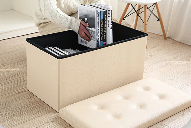 XL Rectangle PU Leather Ottoman Foldable Storage Stool (Beige) - Image 3