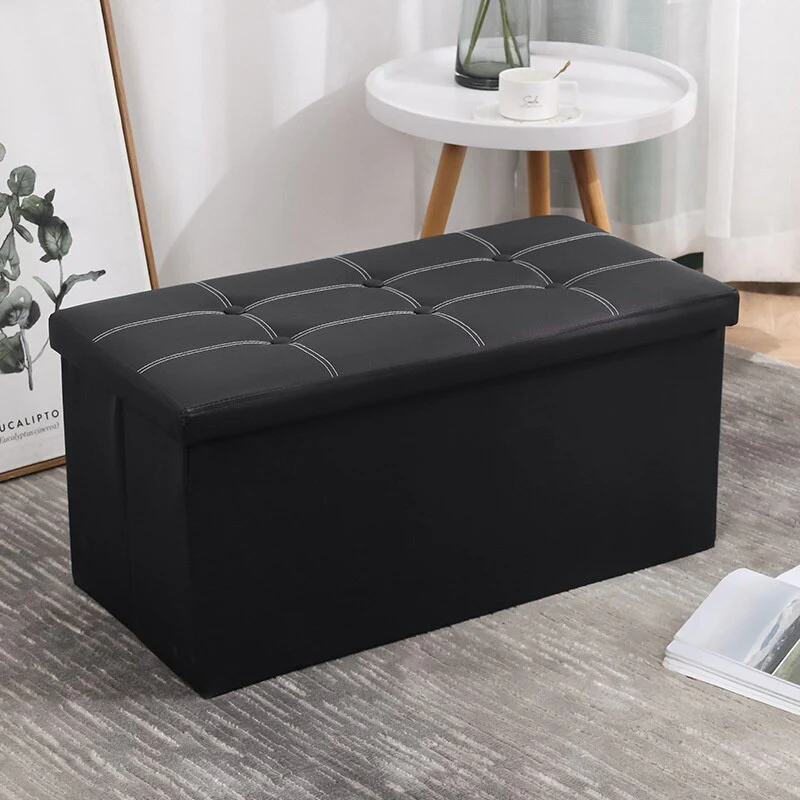XL Rectangle PU Leather Ottoman Foldable Storage Stool (Black) - Image 2