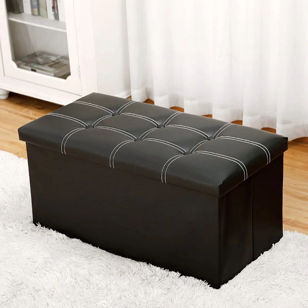 XL Rectangle PU Leather Ottoman Foldable Storage Stool (Black) - Image 4