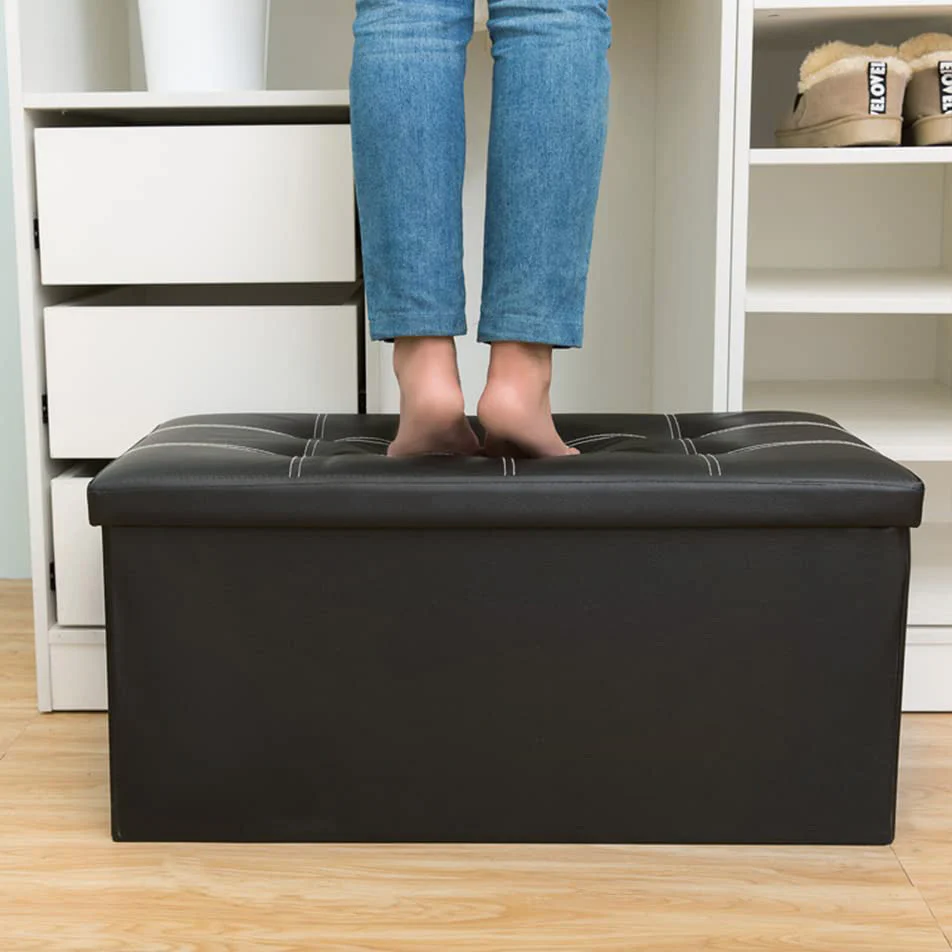 XL Rectangle PU Leather Ottoman Foldable Storage Stool (Black) - Image 6
