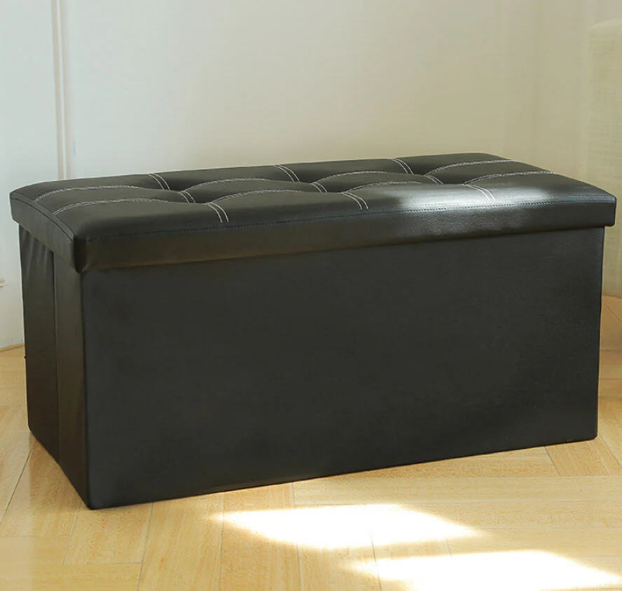 XL Rectangle PU Leather Ottoman Foldable Storage Stool (Black) - Image 8