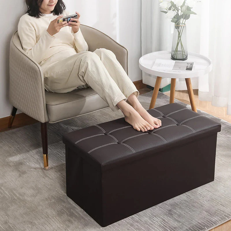XL Rectangle PU Leather Ottoman Foldable Storage Stool (Dark Brown) - Image 3