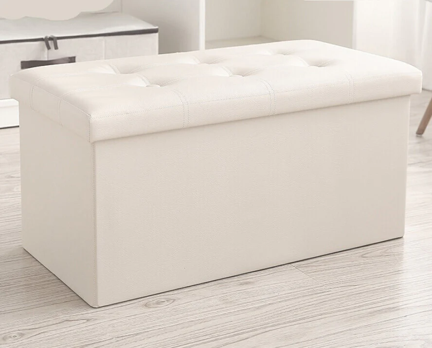 XL Rectangle PU Leather Ottoman Foldable Storage Stool (White) - Image 2