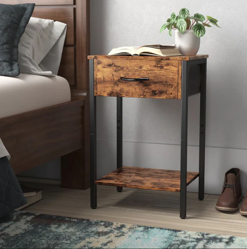 Zen Premium Rustic Wood and Steel Bedside Sofa Side Table with Drawer - Image 2