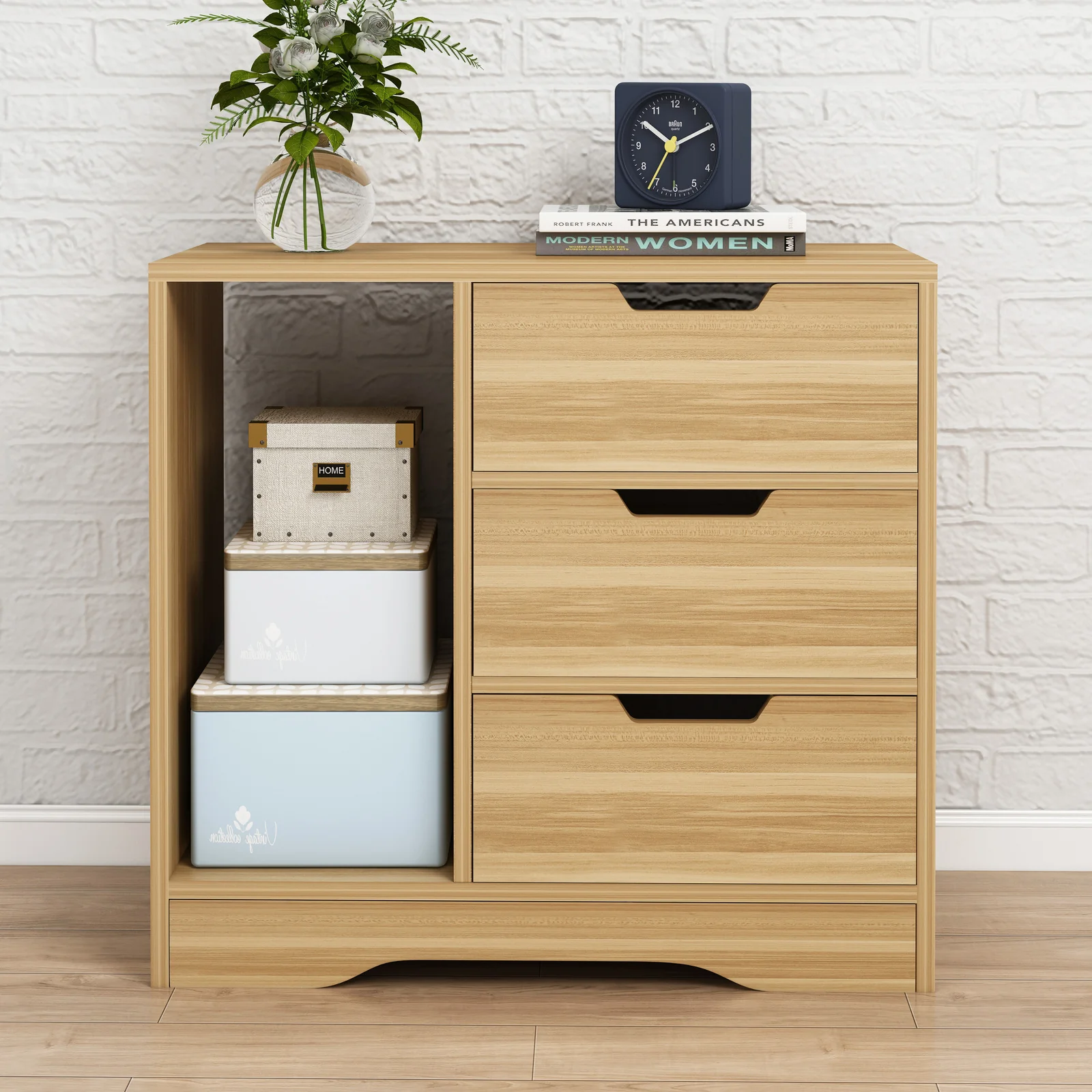 Zest 3 Drawer Cabinet and Shelf Utility Side Table (Oak) - Image 3