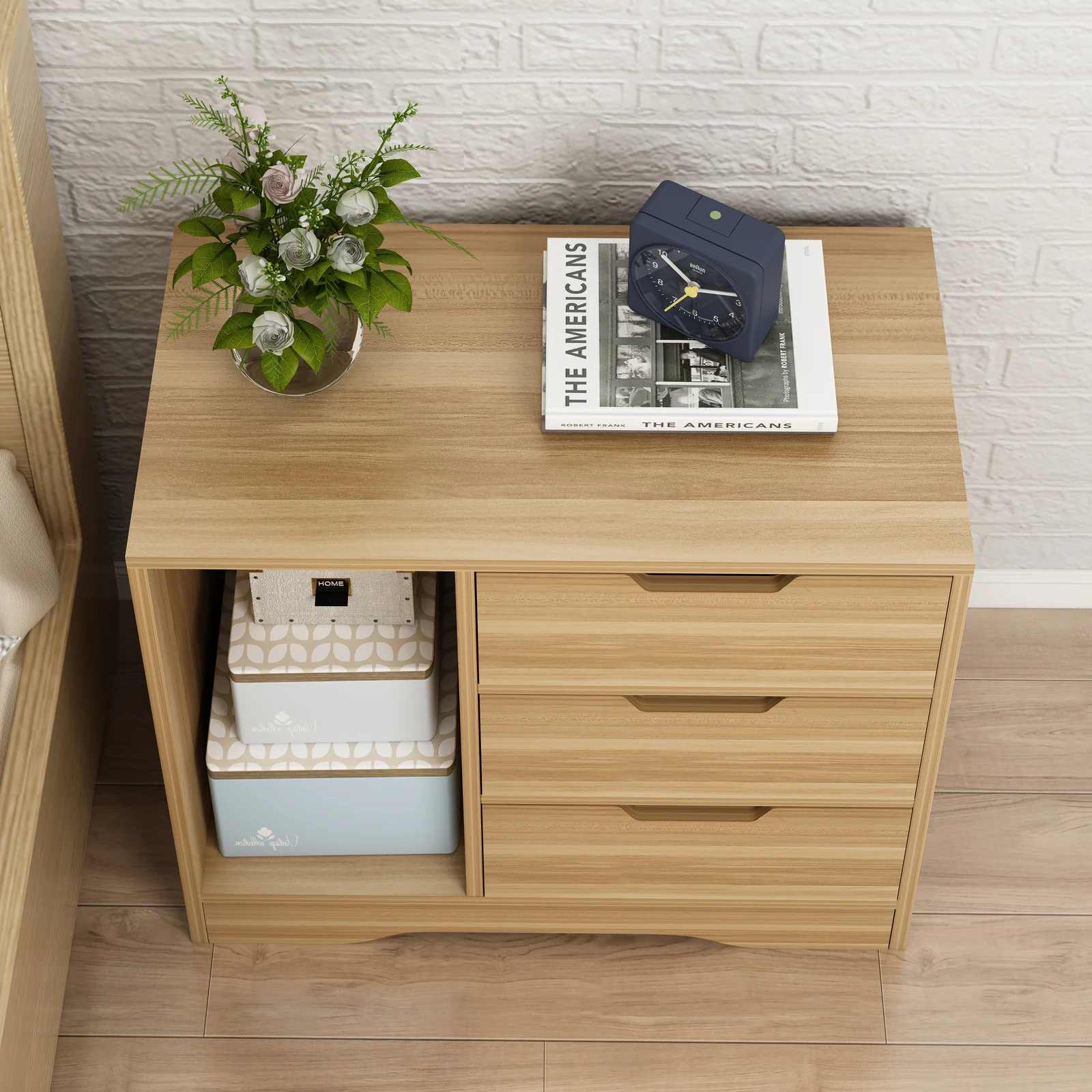 Zest 3 Drawer Cabinet and Shelf Utility Side Table (Oak) - Image 4
