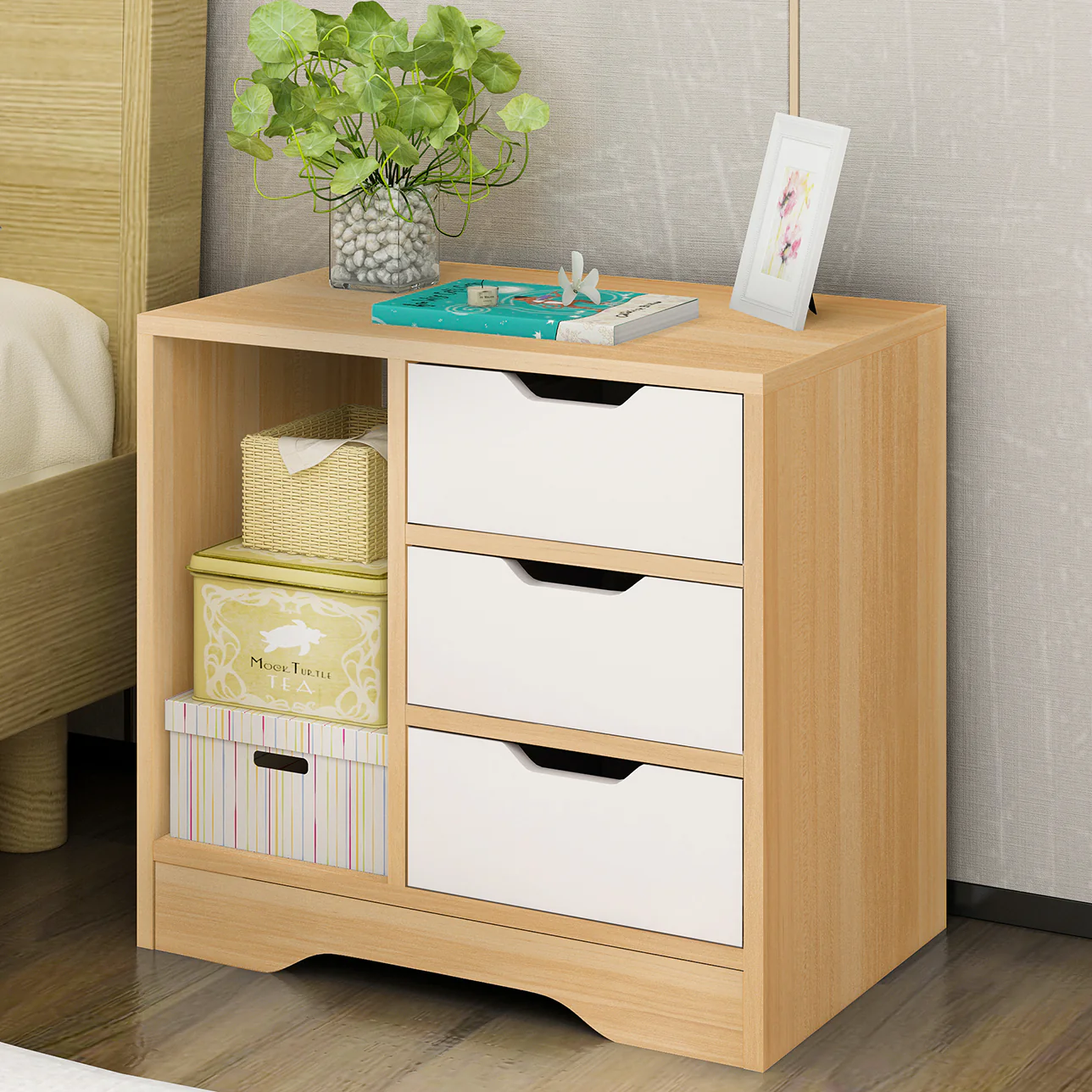 Zest 3 Drawer Cabinet and Shelf Utility Side Table (Oak & White) - Image 8